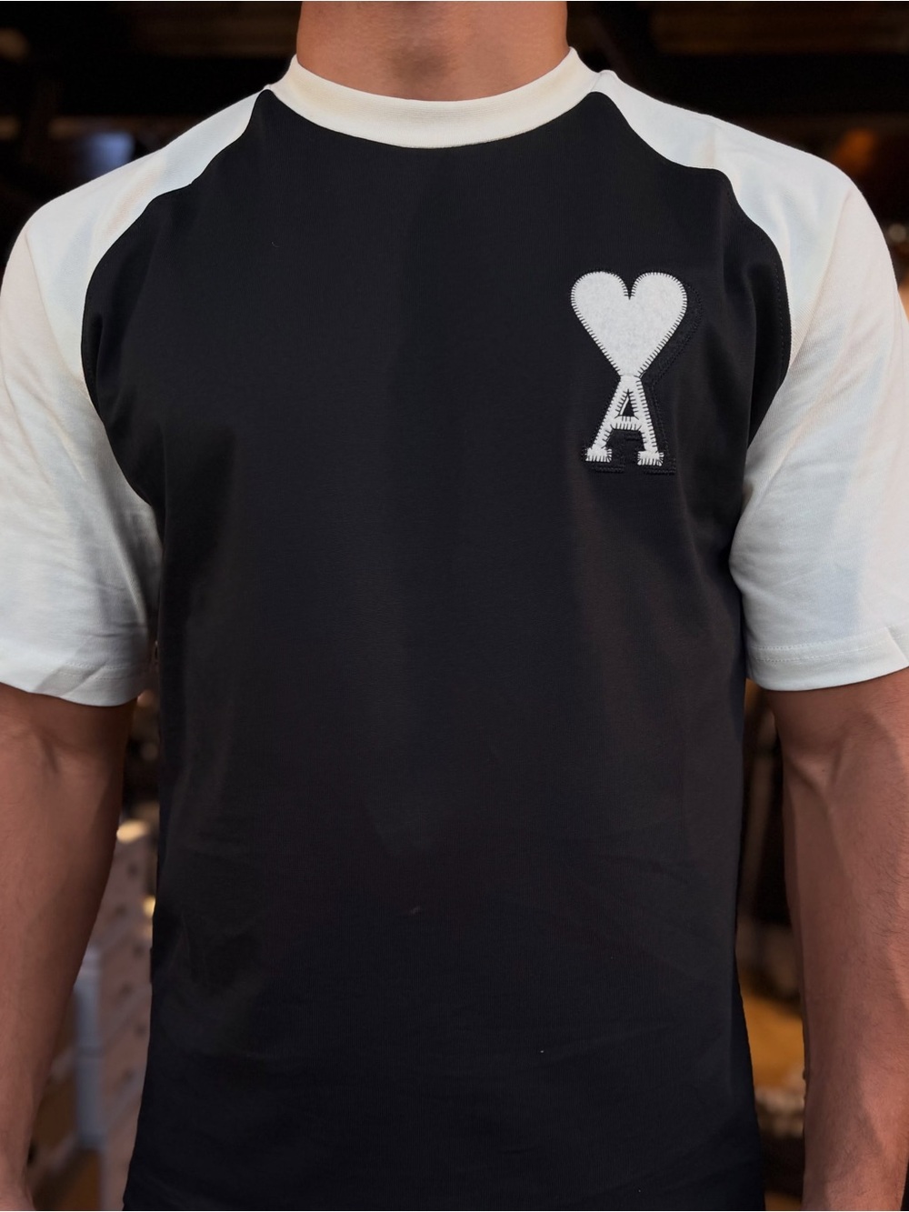 AMI Paris Black & White Raglan heart Logo Tee - Small